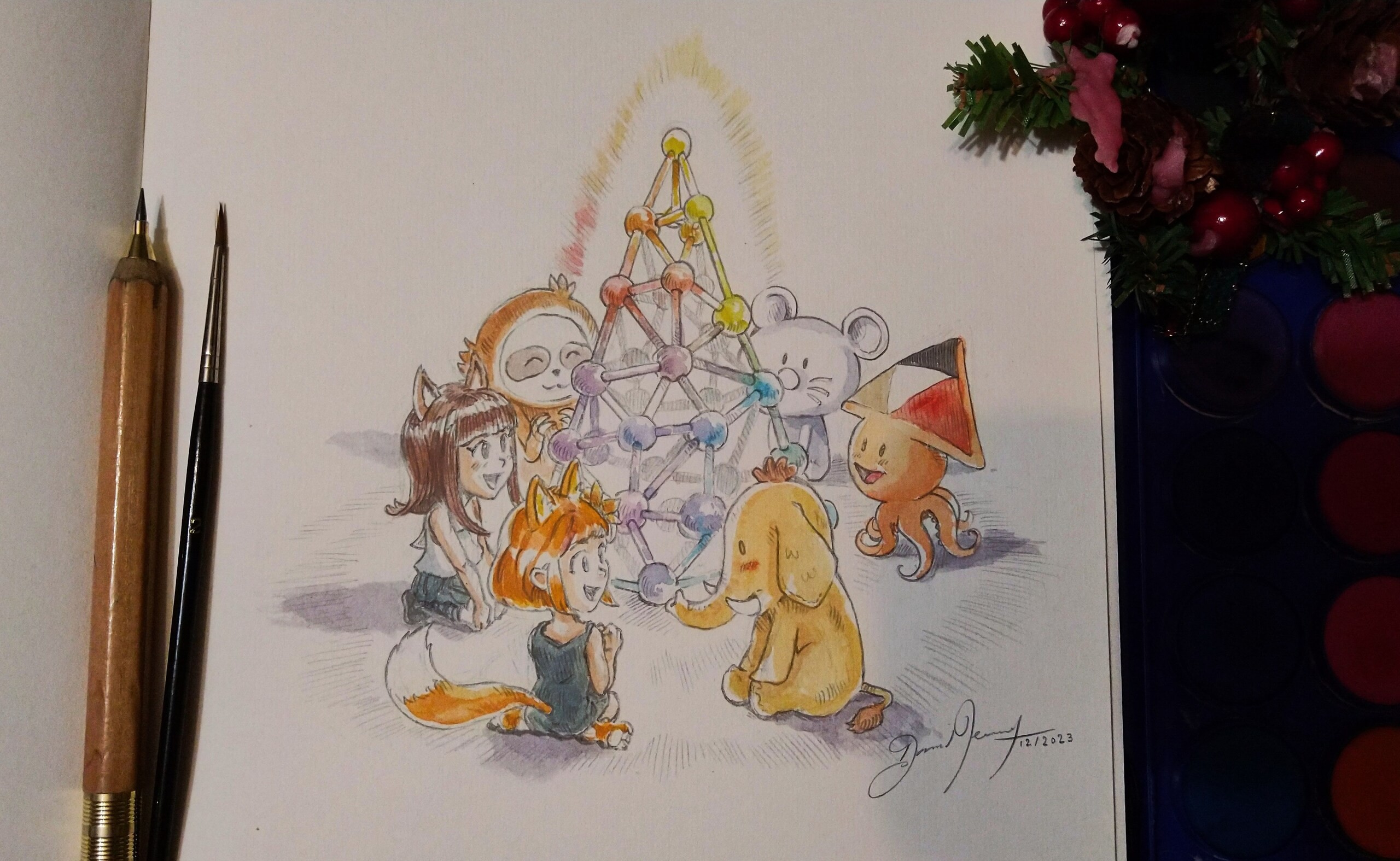 Six mascots are sitting around a tree, but this one is shaped with colored nodes like the Fediverse logo. They represents a sample of Free/Libre software that can interchange communication via the activityPub protocol, shaping the Fediverse. It's a photo of a drawing done on paper with pencil and with a bit of watercolor while traveling in family. With mascot of Mastodon, Pleroma-tan of Pleroma, Ai of Misskey Lemmy Sepia of sloth mascot by Anna Abramek for Fediverse logo, License CC-BY-SA 4.0